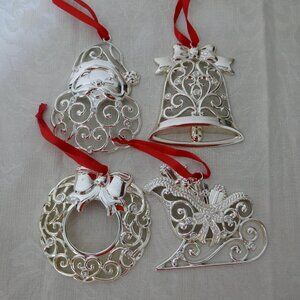 Set of 4 Lenox Sparkle and Scroll Christmas Ornaments Silverplate and Crystal
